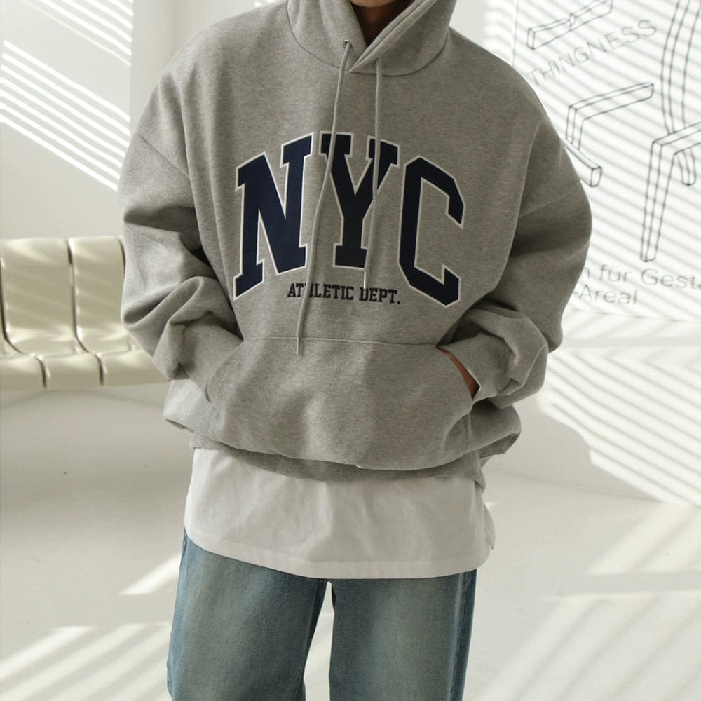 RT No. 11065 NYC Embroidered Lettered Pullover Hoodie M Gray