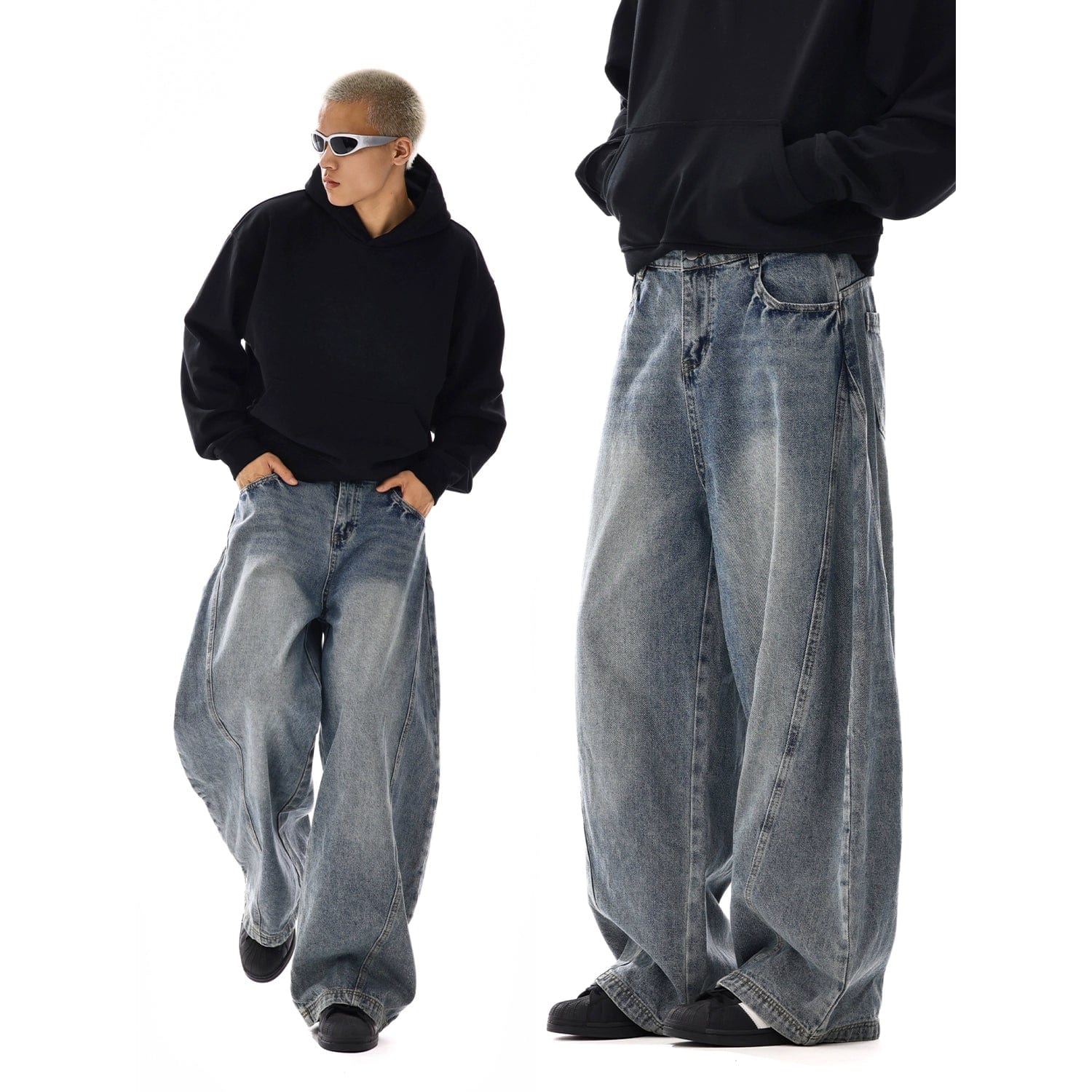 RT No. 12116 RECONSTRUCTED BLUE DENIM SCIMITAR JEANS – REALTAKAI RT No. 12116 RECONSTRUCTED BLUE DENIM SCIMITAR JEANS – REALTAKAI