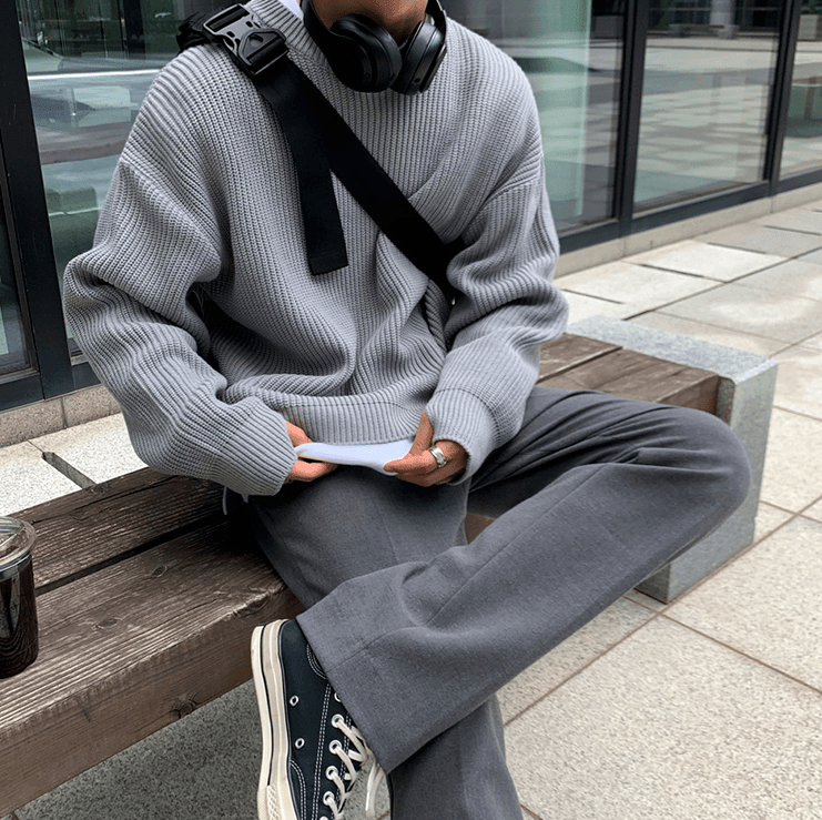 Grey round 2025 neck sweater