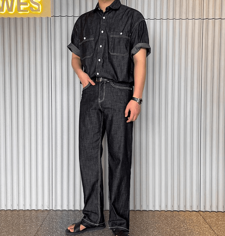 RT No. 11406 BLACK DENIM BUTTON-UP SHIRT & STRAIGHT PANTS