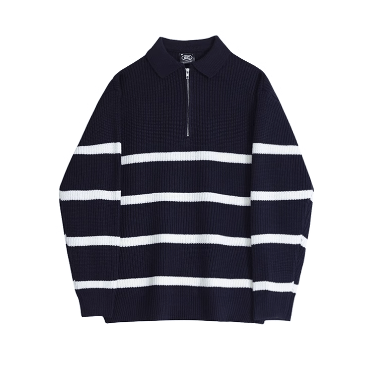 RT No. 11527 KNIT STRIP POLO ZIP-UP SWEATER