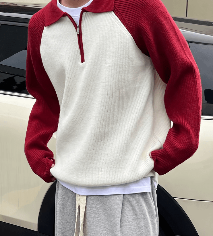 RT No. 11000 CONTRAST KNITTED QUARTER ZIP SWEATER