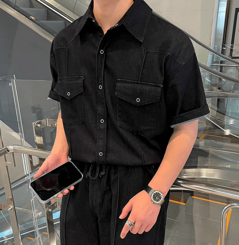 RT No. 11639 BLACK DENIM BUTTON-UP SHIRT & LOUNGE PANTS