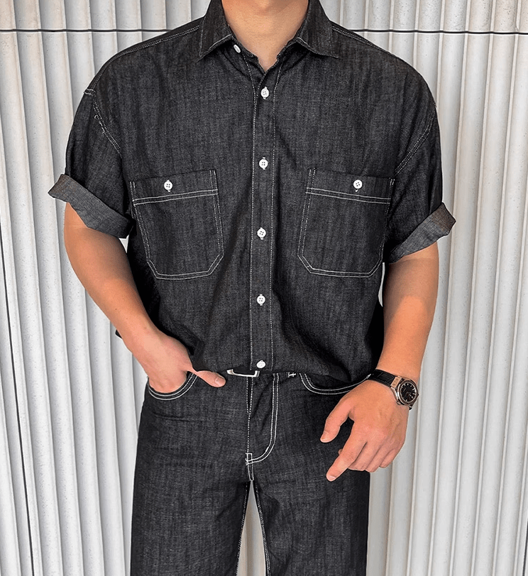 RT No. 11406 BLACK DENIM BUTTON-UP SHIRT & STRAIGHT PANTS