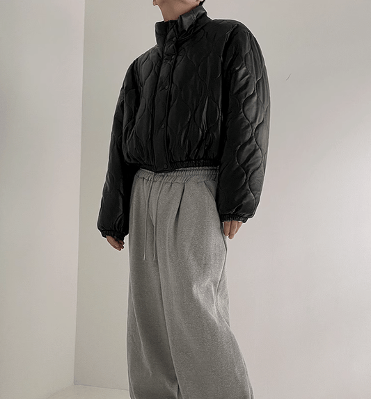 RT No. 10342 BLACK PATTERN STAND COLLAR LEATHER JACKET