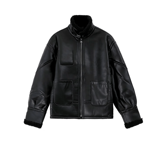 RT No. 10338 BLACK STAND COLLAR FLEECE LEATHER JK