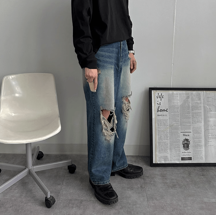 RT No. 11209 RIPPED BLUE DENIM STRAIGHT JEANS