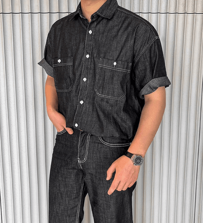 RT No. 11406 BLACK DENIM BUTTON-UP SHIRT & STRAIGHT PANTS