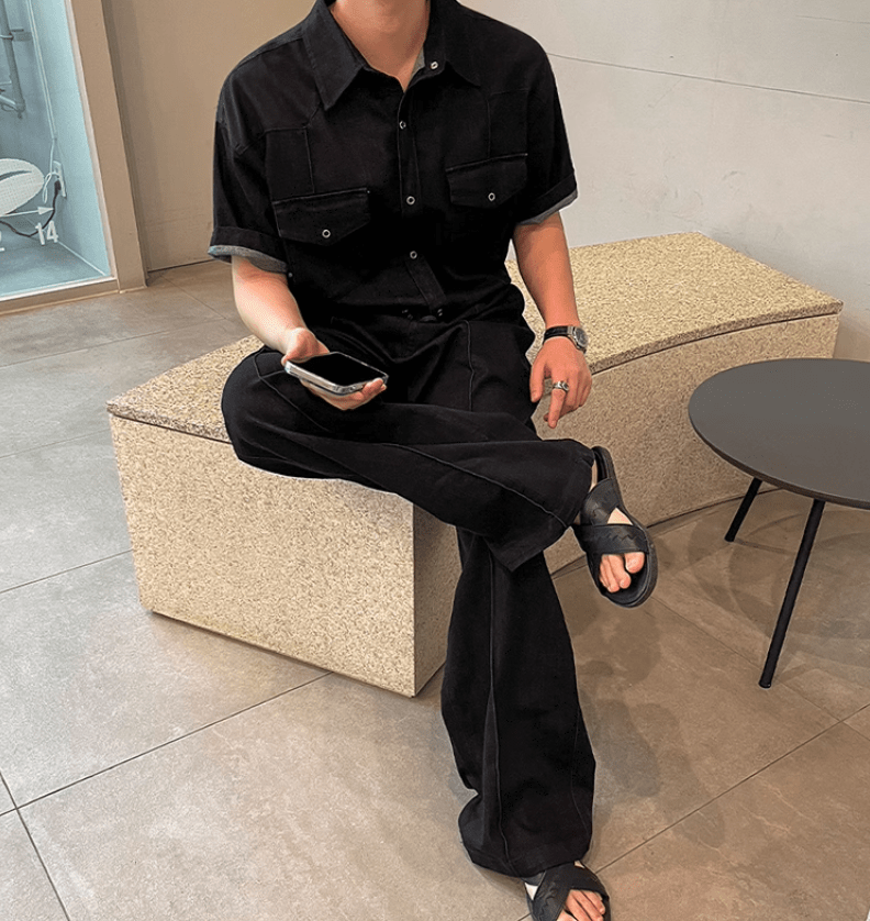 RT No. 11639 BLACK DENIM BUTTON-UP SHIRT & LOUNGE PANTS