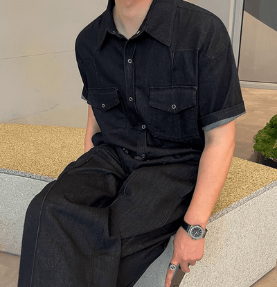 RT No. 11639 BLACK DENIM BUTTON-UP SHIRT & LOUNGE PANTS