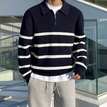 RT No. 11527 KNIT STRIP POLO ZIP-UP SWEATER