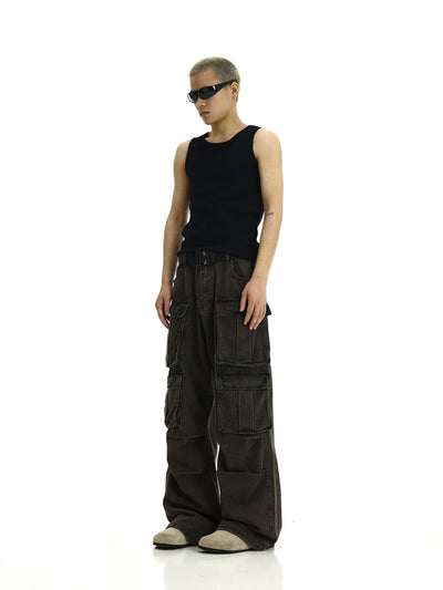 RT No. 11423 WASHED BROWN MULTI POCKET STRAIGHT PANTS