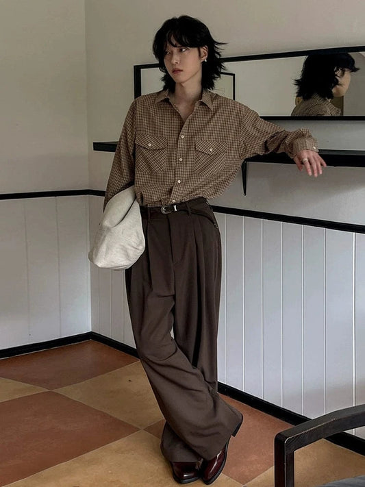 RT No. 32046 BROWN PLEATED WIDE STRAIGHT PANTS