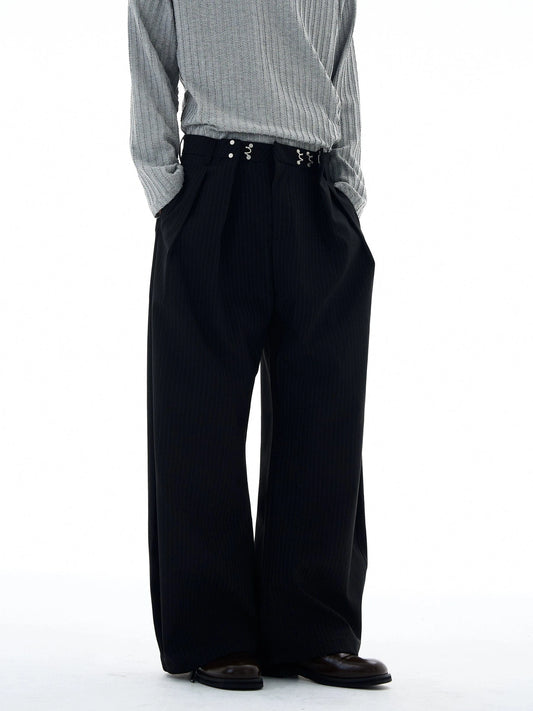 RT No. 25025 BLACK STRIPED PLEATED STRAIGHT PANTS