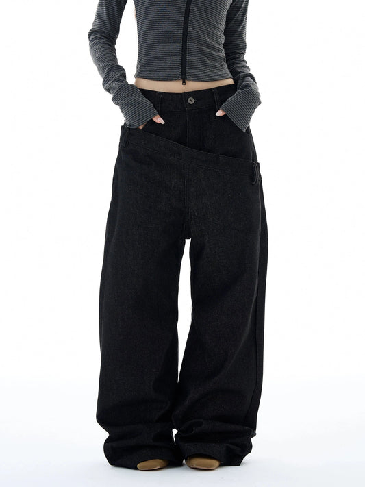 RT No. 25042 BLACK DOUBLE-WAIST STRAIGHT JEANS