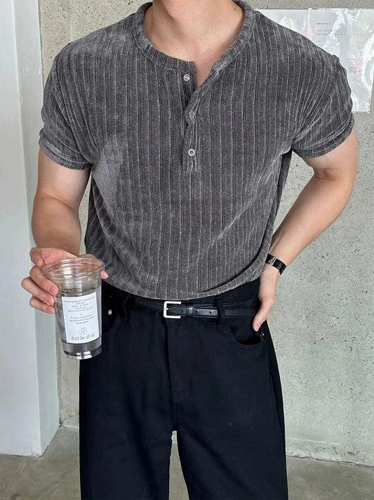 RT No. 19014 GRAY VELVET HENLEY COLLAR SHORT SLEEVE