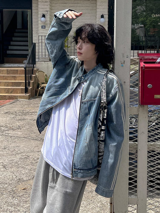 RT No. 12487 STRIPED BLUE BIKER DENIM JACKET