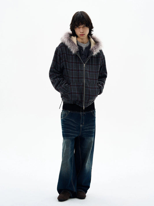 RT No. 32505 PLAID FUR ZIP HOODIE