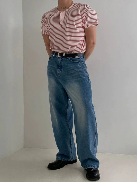 RT No. 19008 KNIT STRIPED HENLEY COLLAR SHORT SLEEVE