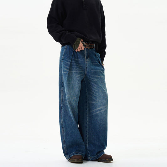 RT No. 12079 PLEATED FOLDED BLUE BAGGY STRAIGHT JEANS