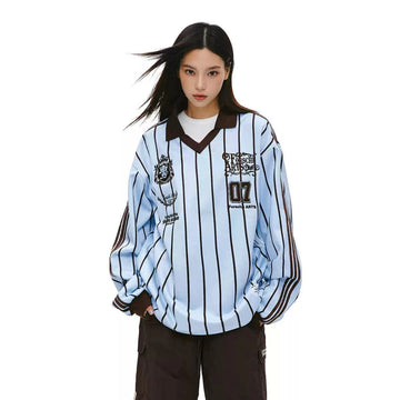 RTK (W) No. 524 LIGHT BLUE STRIPED JERSEY POLO LONG SLEEVE