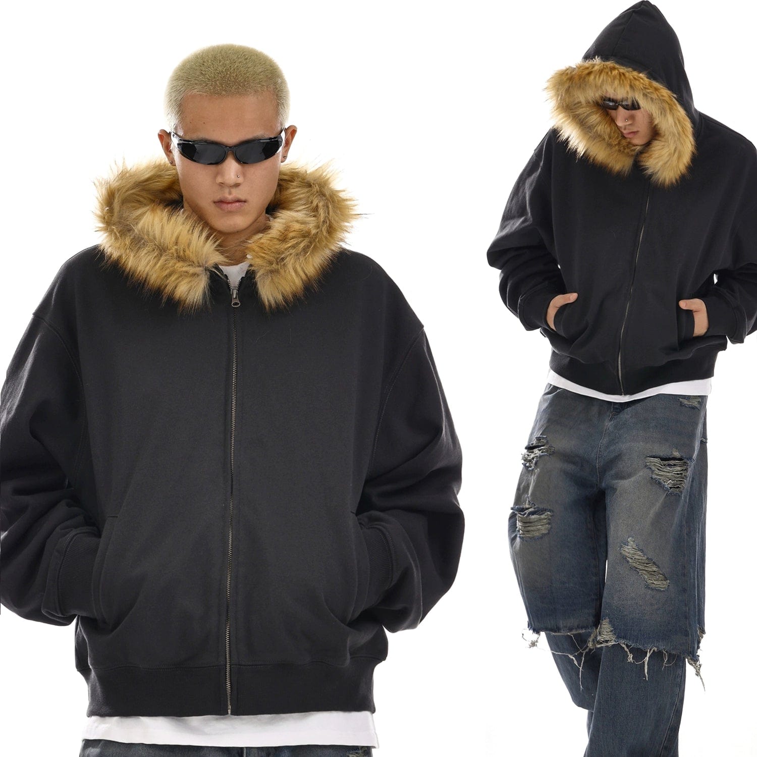RT No. 12054 CARBON BLACK FUR ZIP-UP HOODIE – REALTAKAI RT No. 12054 CARBON BLACK FUR ZIP-UP HOODIE – REALTAKAI