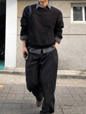RT No. 32035 PLEATED BLACK WIDE BAGGY PANTS