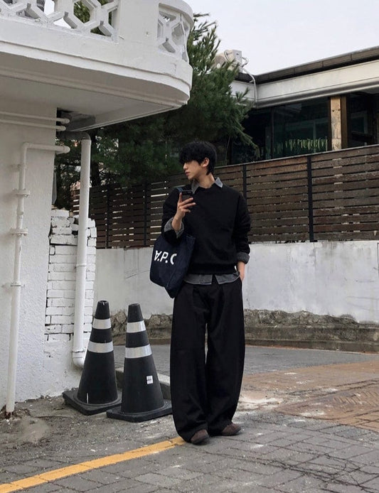 RT No. 32035 PLEATED BLACK WIDE BAGGY PANTS