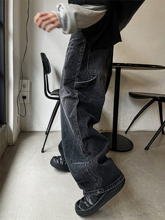 RT No. 12663 WASHED BLACK WIDE STRAIGHT DENIM JEANS