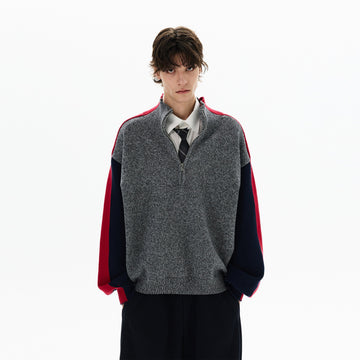 RT No. 50414 KNITWEAR RED SLEEVE QUARTER ZIP SWEATER