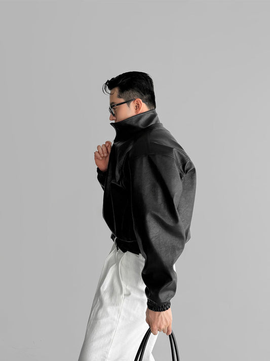 RT No. 12467 BLACK STAND COLLAR LEATHER JACKET