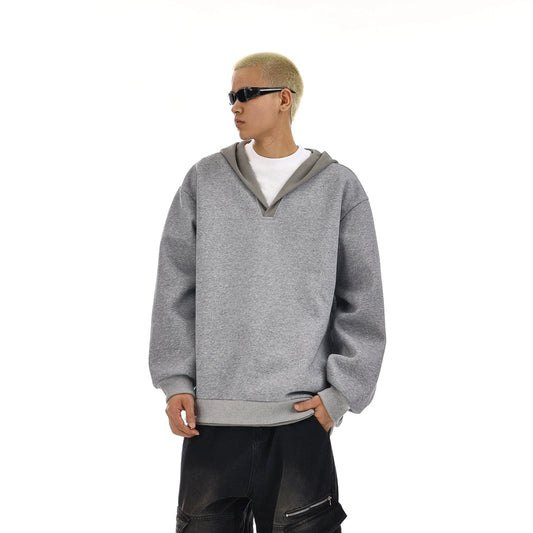 RT No. 12129 BLACK V-NECK PULLOVER HOODIE