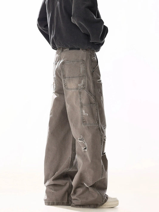 RT No. 19815 BROWN-GRAY DISTRESSED CARGO STRAIGHT PANTS