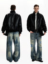 RT No. 50042 BLACK STAND COLLAR LEATHER JACKET