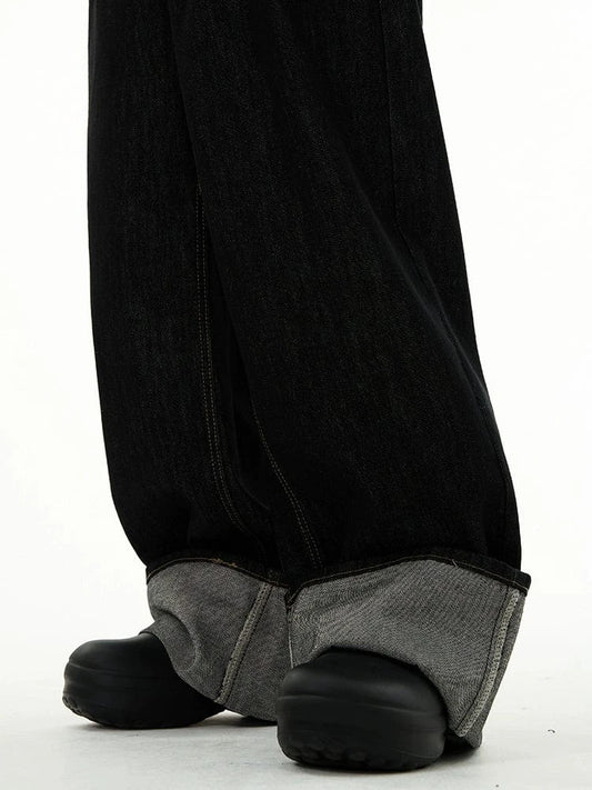 RT No. 18703 BLACK FOLDED RELAX STRAIGHT DENIM JEANS