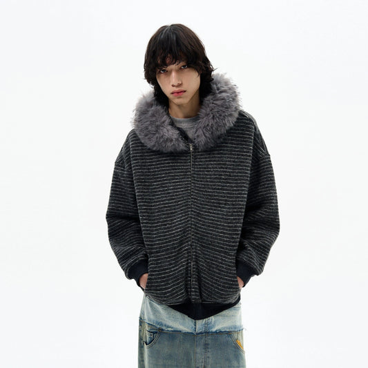 RT No. 32093 KNITWEAR STRIPED FUR COLLAR ZIP HOODIE