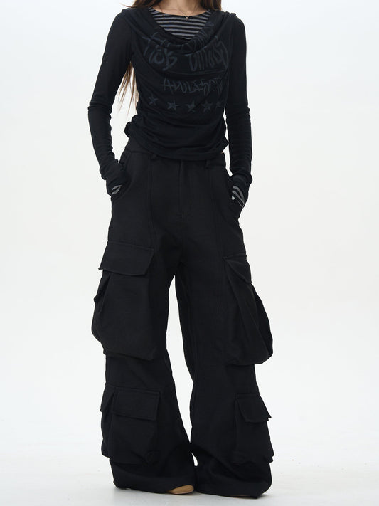 RT No. 12481 BLACK MULTI POCKET CARGO PANTS