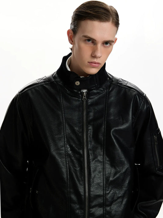 RT No. 50042 BLACK STAND COLLAR LEATHER JACKET