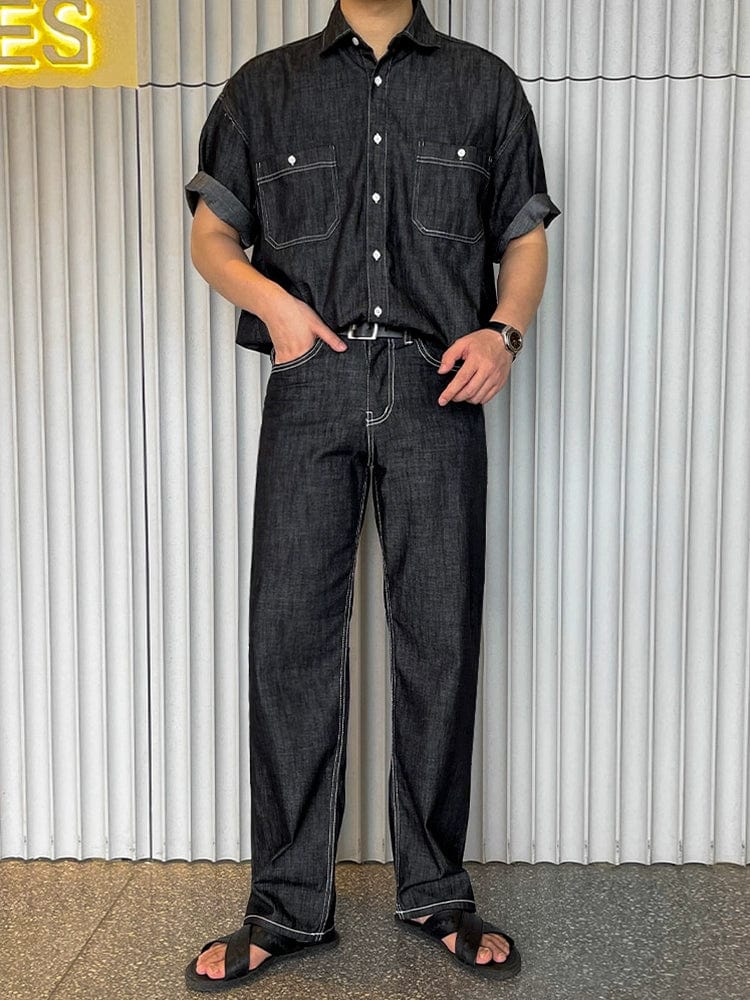 RT No. 11406 BLACK DENIM BUTTON-UP SHIRT & STRAIGHT PANTS