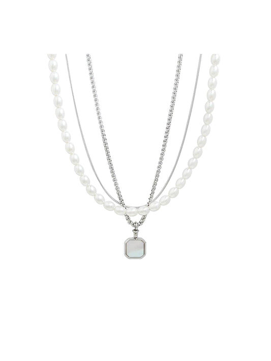 MULTI LAYER PEARL SQUARE NECKLACE