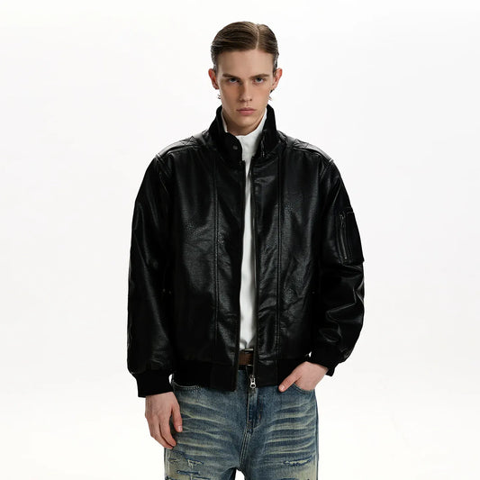 RT No. 50042 BLACK STAND COLLAR LEATHER JACKET