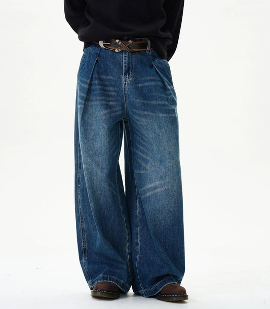 RT No. 12079 PLEATED FOLDED BLUE BAGGY STRAIGHT JEANS