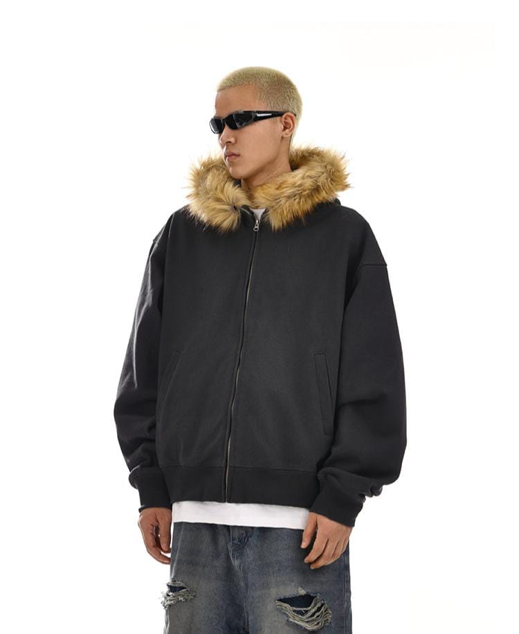 RT No. 12054 CARBON BLACK FUR ZIP-UP HOODIE – REALTAKAI