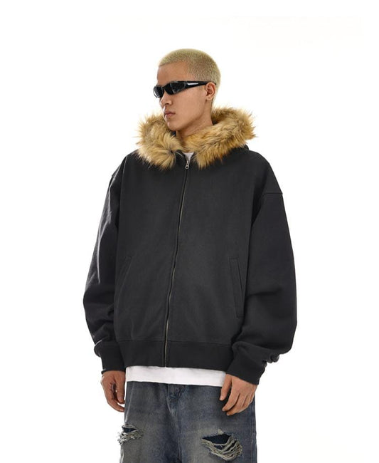 RT No. 12054 CARBON BLACK FUR ZIP-UP HOODIE