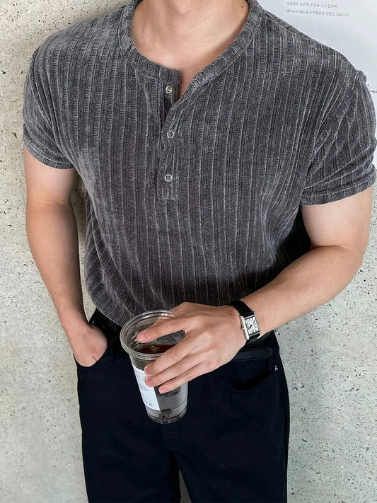 RT No. 19014 GRAY VELVET HENLEY COLLAR SHORT SLEEVE