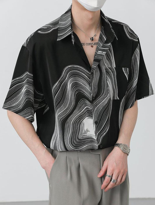 RT No. 9044 V-NECK IRREGULAR LINE SHORT SLEEVE SHIRT