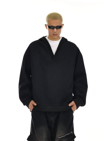 RT No. 12129 BLACK V-NECK PULLOVER HOODIE