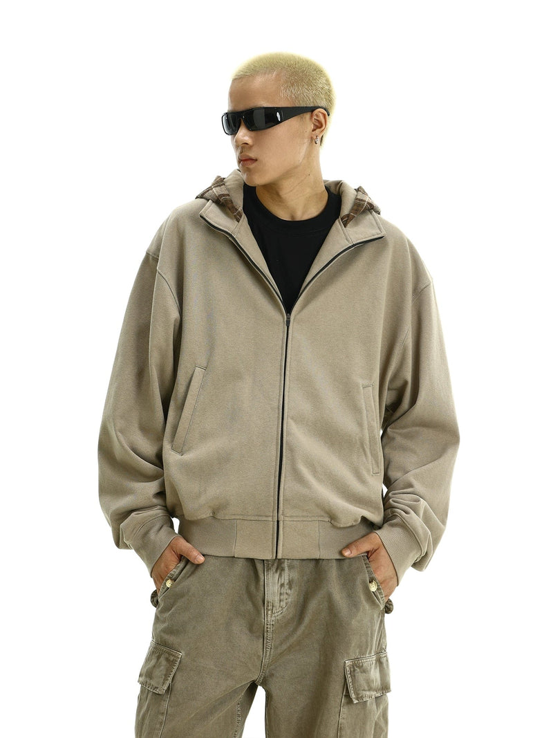 RT No. 11618 SAND PLAID HOOD ZIP-UP HOODIE