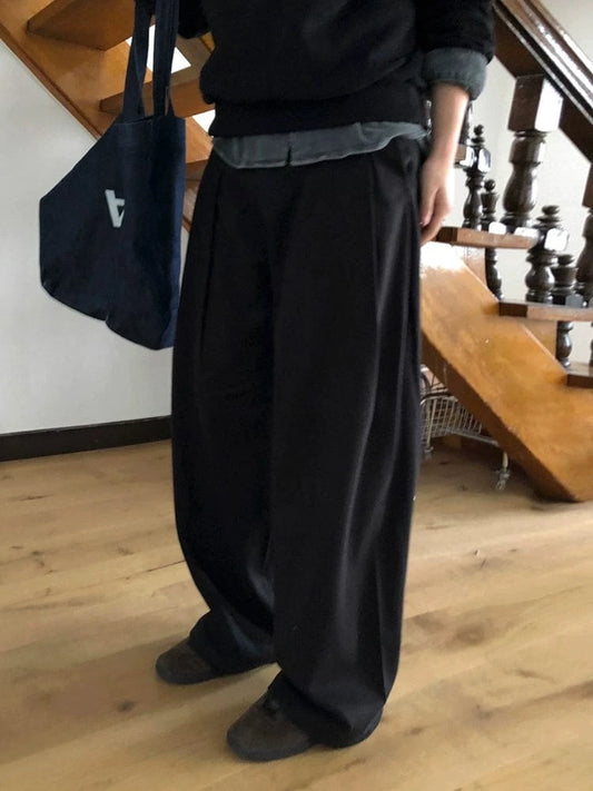 RT No. 32035 PLEATED BLACK WIDE BAGGY PANTS
