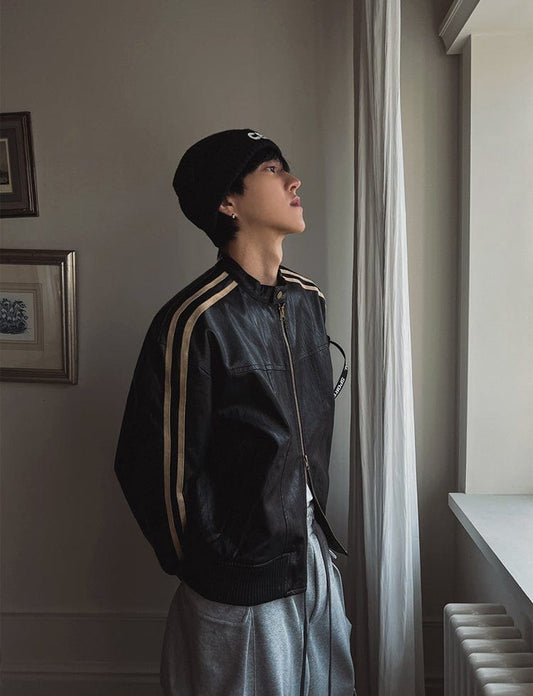 RT No. 11454 DOUBLE STRIPED MOTORCYCLE LEATHER JACKET